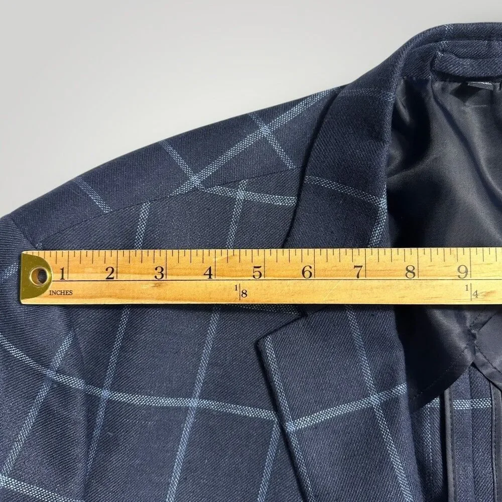 JOS A BANK Men Blazer Sport Coat 46R Navy Windowpane Plaid 2-Button Jacket Linen